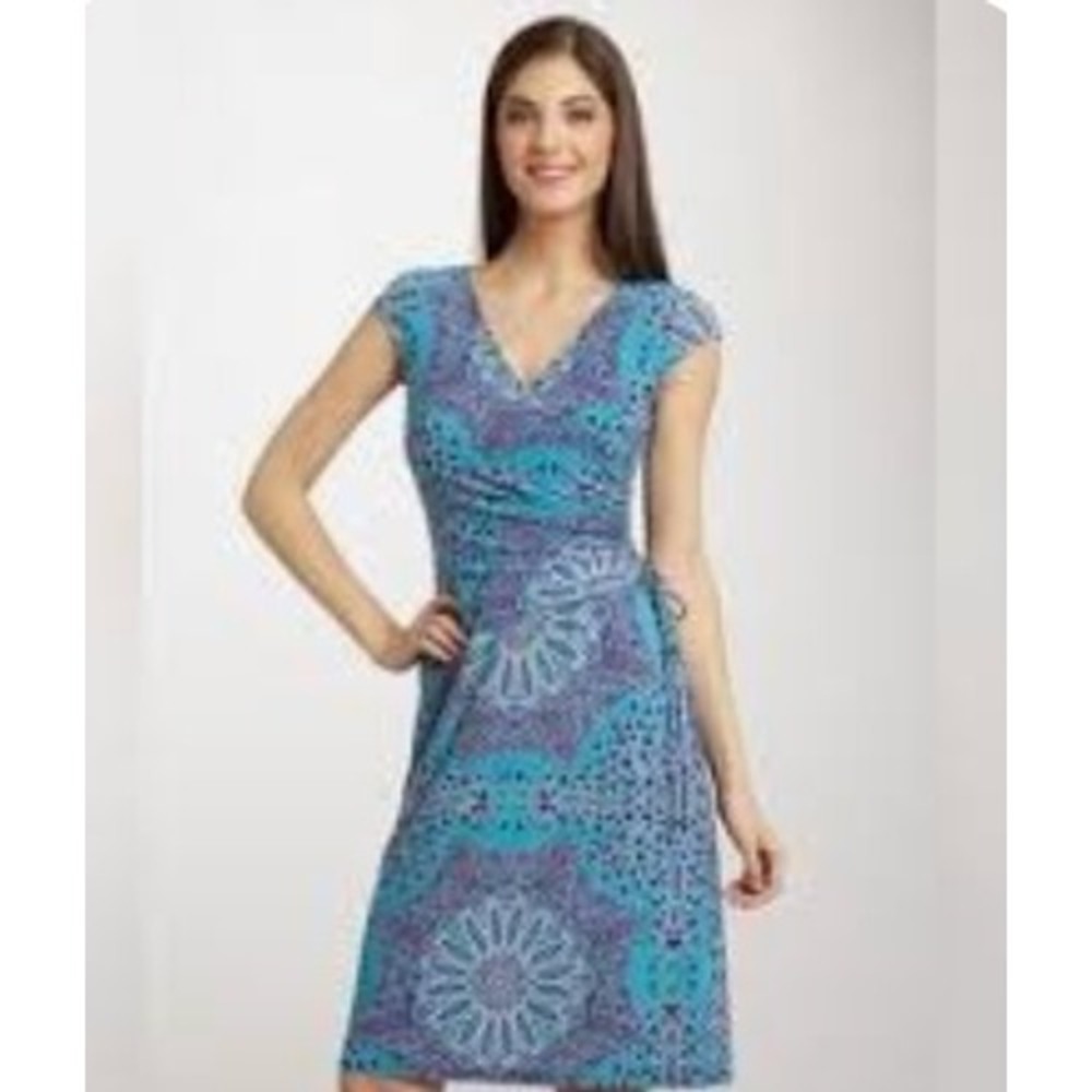 Evan-Picone Faux Wrap Medallion Paisley Dress 10 Teal‎ Purple Cap Sleeve V-Neck